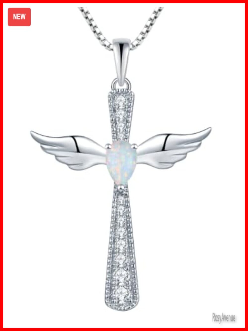925 Sterling Silver Cross Necklace Angel Wings Teardrop Created Opal Pendant
